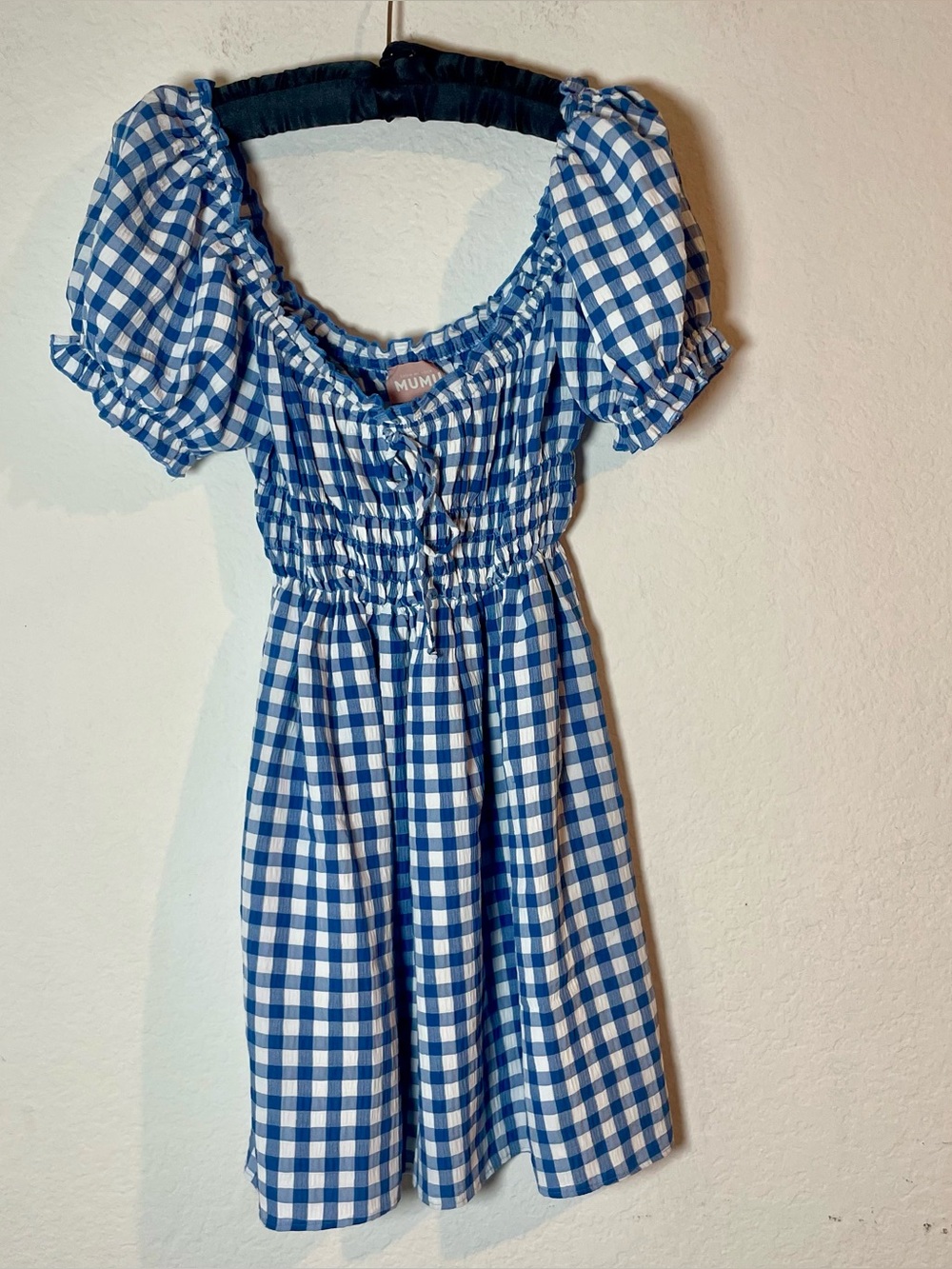 Show Me Your Mumu Blue White Gingham Smocked Puff Sleeve Mini Dress Size S
